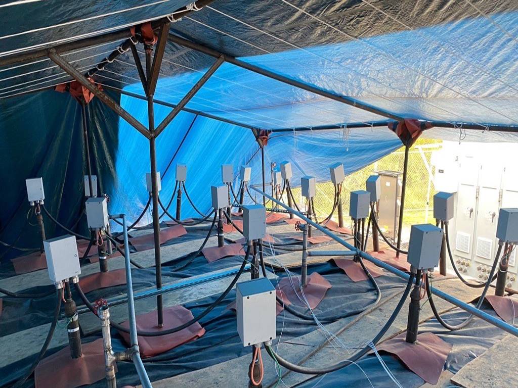 A protective cover shields a FlexHeater site at Eielson Air Force Base near North Pole, Alaska, where TRS is performing PFAS remediation services on an ex-situ soil stockpile.