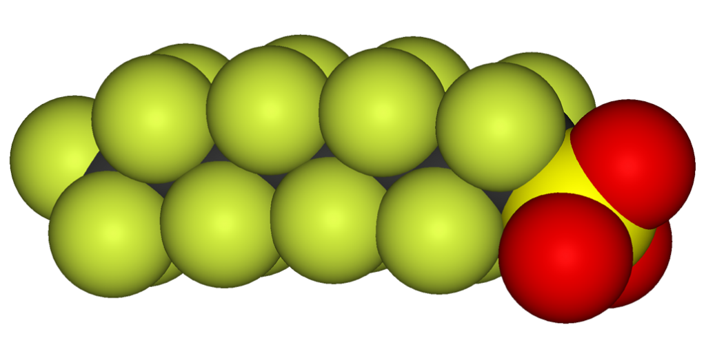 Example PFAS molecule with the large green fluorine atoms and a head with red atoms. The heads have varying properties.