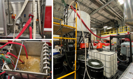 AFFF removal and cleaning of a fire truck using PerfluorAd. The left photo shows the first rinse cycle with PFAS-rich water. The right photo shows the cone-bottom flocculation tank and some of the water polishing equipment.